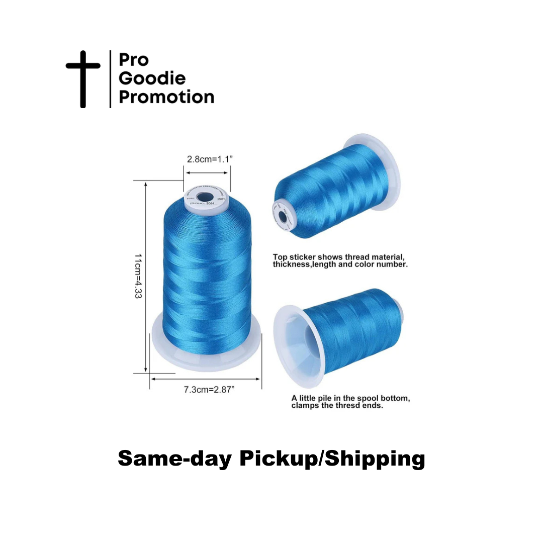 Aquamarine thread spools with measurements and text on a white background