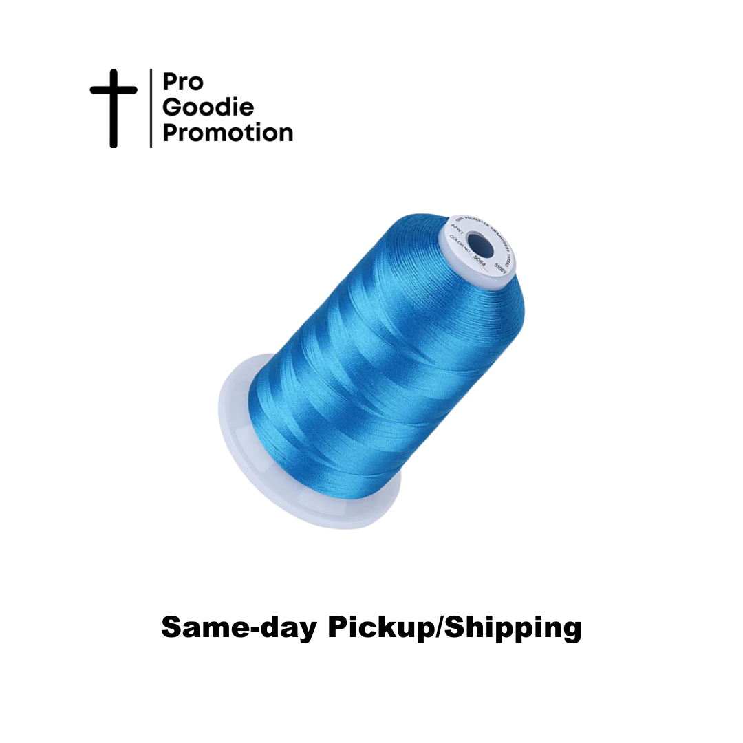 Aquamarine spool of thread with Pro Goodie Promotion branding on a white background