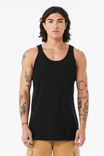 BELLA+CANVAS Unisex Jersey Tank in Solid Black Blend – soft Airlume cotton blank tank, perfect for screen printing, DTF, or embroidery, from Pro Goodie Promotion.
