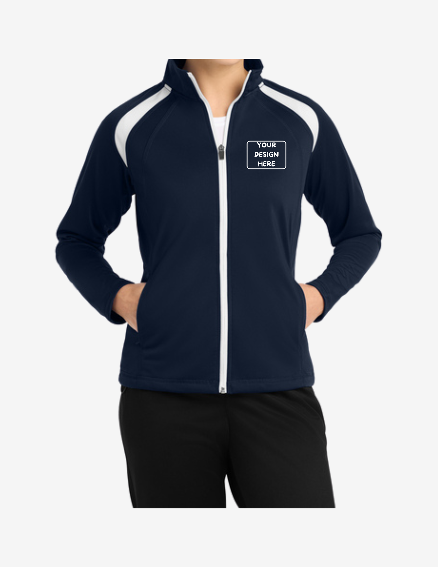 sport tek lst90 womens tricot track jacket true navy white custom logo embroidery and printing jacket