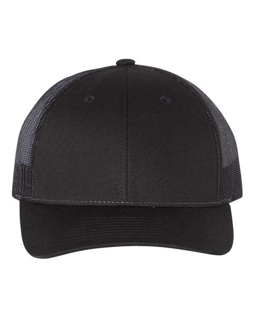 Richardson 115 low-profile trucker cap with black front panel and black mesh back, adjustable snapback closure