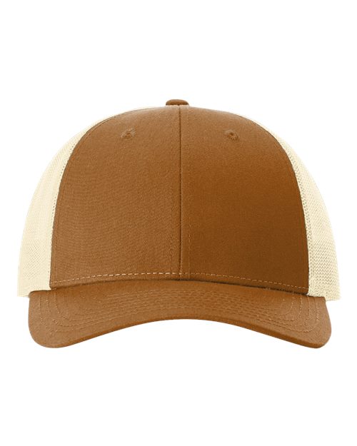 Richardson 115 structured six-panel trucker cap, caramel fabric front with birch mesh back, pre-curved visor, adjustable snapback closure