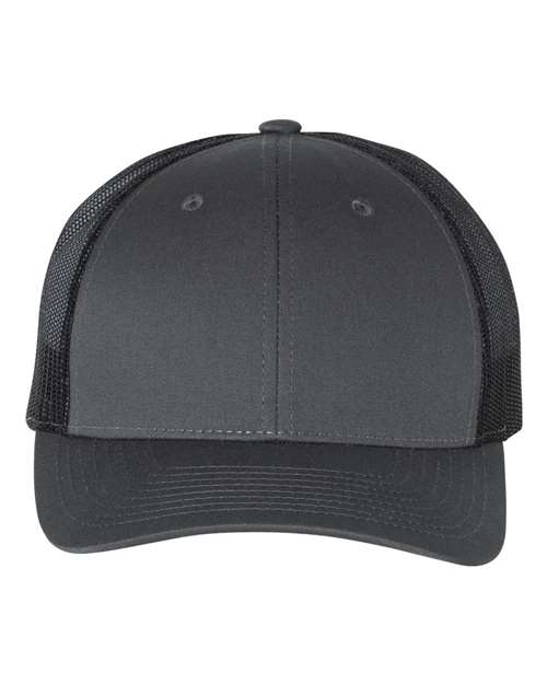 Richardson 115 low-profile trucker cap with charcoal front panel and black mesh back, adjustable snapback closure