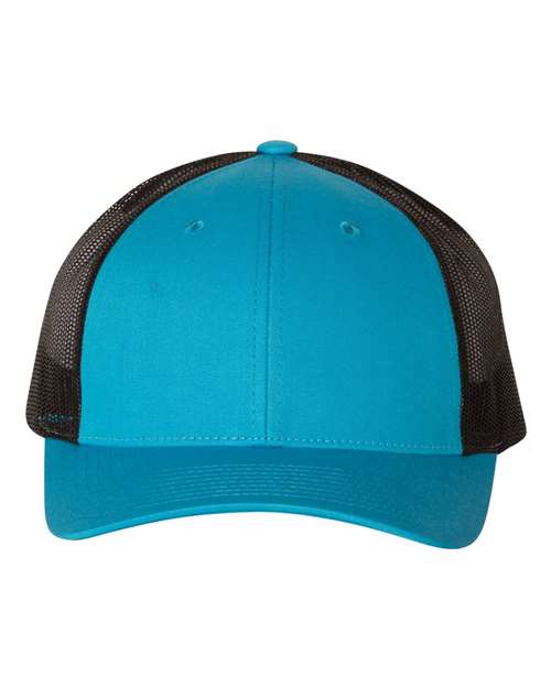 Richardson 115 low-profile trucker cap with cyan front panel and black mesh back, adjustable snapback closure