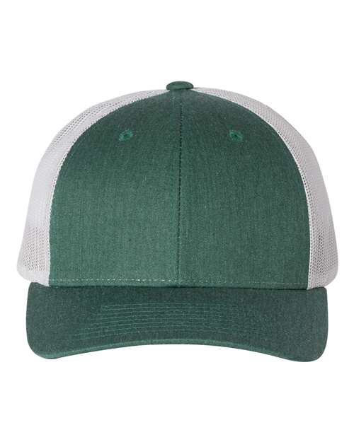 Richardson 115 low-profile trucker cap with heather dark green front panel and silver mesh back, adjustable snapback closure
