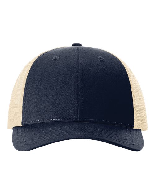 Richardson 115 low-profile trucker cap with heather royal front panel and light grey mesh back, adjustable snapback closure