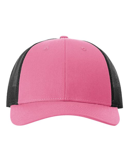 Richardson 115 low-profile trucker cap with hot pink front panel and black mesh back, adjustable snapback closure