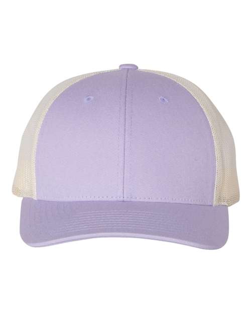 Richardson 115 structured six-panel low-profile trucker cap featuring soft lilac fabric front, birch breathable mesh back, pre-curved visor, and adjustable snapback closure