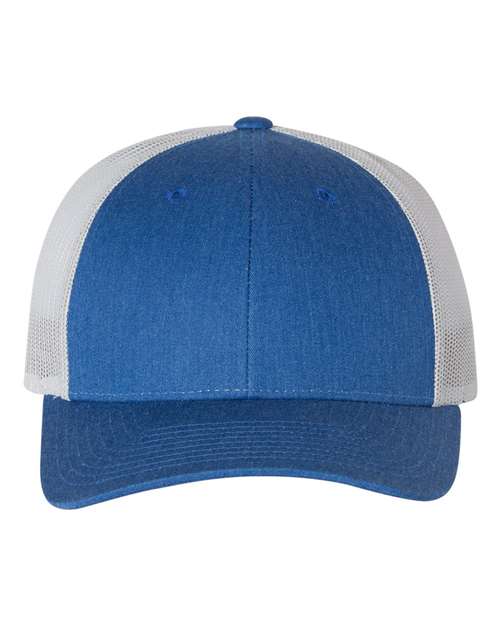Richardson 115 low-profile trucker cap with royal blue front panel and grey mesh back, adjustable snapback closure