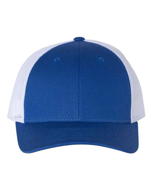 Richardson 115 low-profile trucker cap with royal blue front panel and white mesh back, adjustable snapback closure