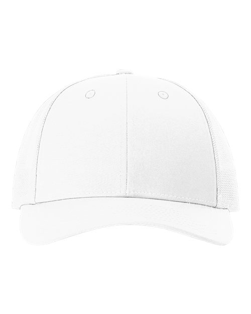Richardson 115 low-profile trucker cap with white front panel and white mesh back, adjustable snapback closure