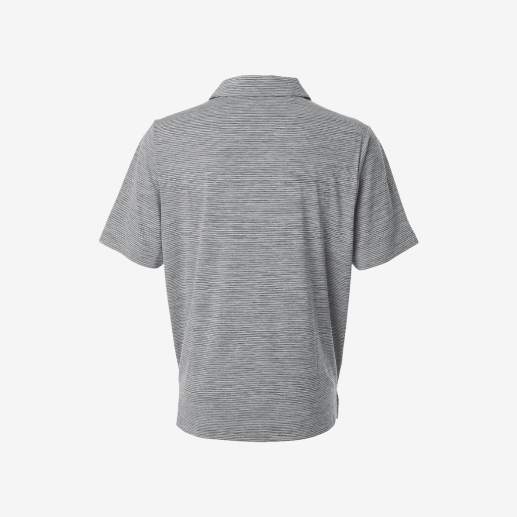 Team 365 men’s relay heathered stripe polo black heather white back view embroidered business uniform polo