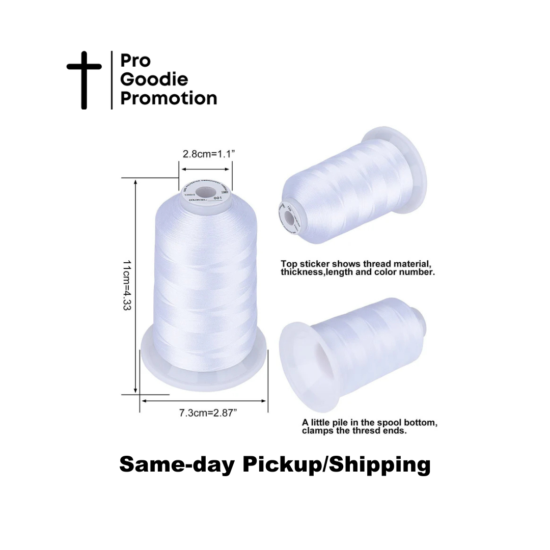 White thread spools with measurements and details on a white background, featuring 'Pro Goodie Promotion' branding.