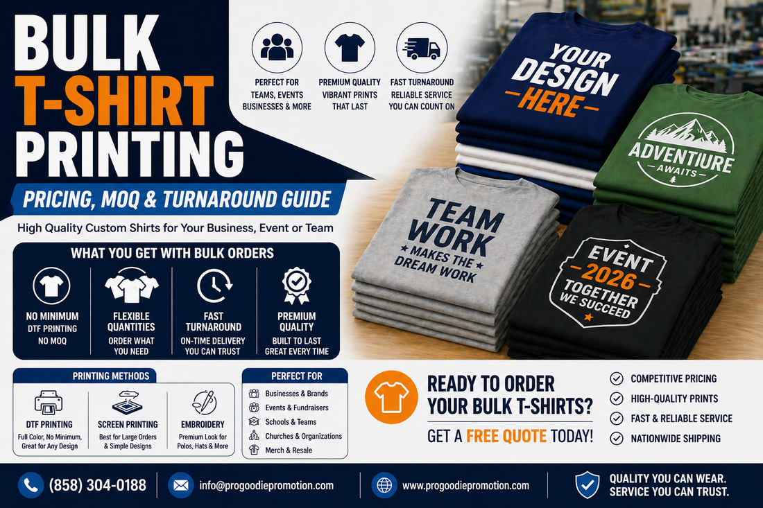 Bulk t-shirt printing guide showing pricing, minimum order quantity, turnaround time, DTF and screen printing options for custom shirts in 2026