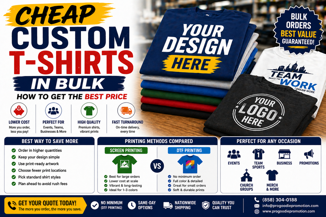 Cheap custom t shirts in bulk showing large quantity orders, low cost pricing, and affordable custom apparel for businesses and events