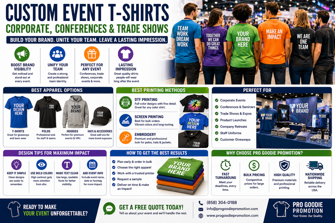 Custom event t-shirts for corporate events, conferences, and trade shows showing branded shirts, team apparel, and promotional clothing