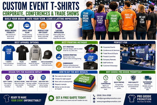 Custom event t-shirts for corporate events, conferences, and trade shows showing branded shirts, team apparel, and promotional clothing