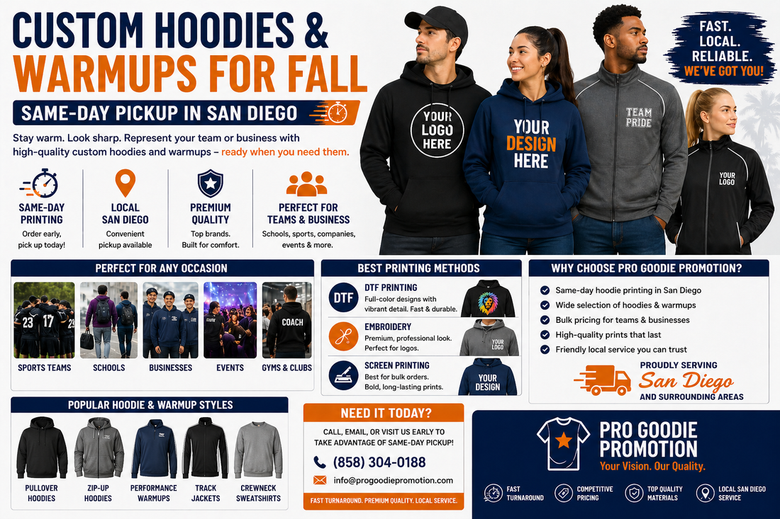 Custom hoodies and warmups in San Diego showing fall apparel, team hoodies, and same-day custom printing