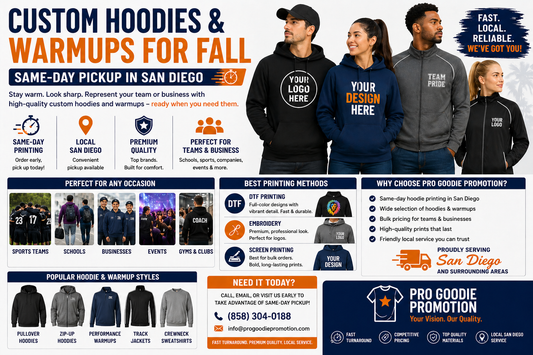 Custom hoodies and warmups in San Diego showing fall apparel, team hoodies, and same-day custom printing
