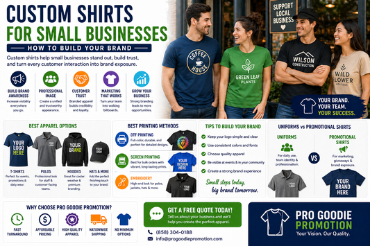 Custom shirts for small businesses showing branded apparel, logo t-shirts, and professional company uniforms for business branding