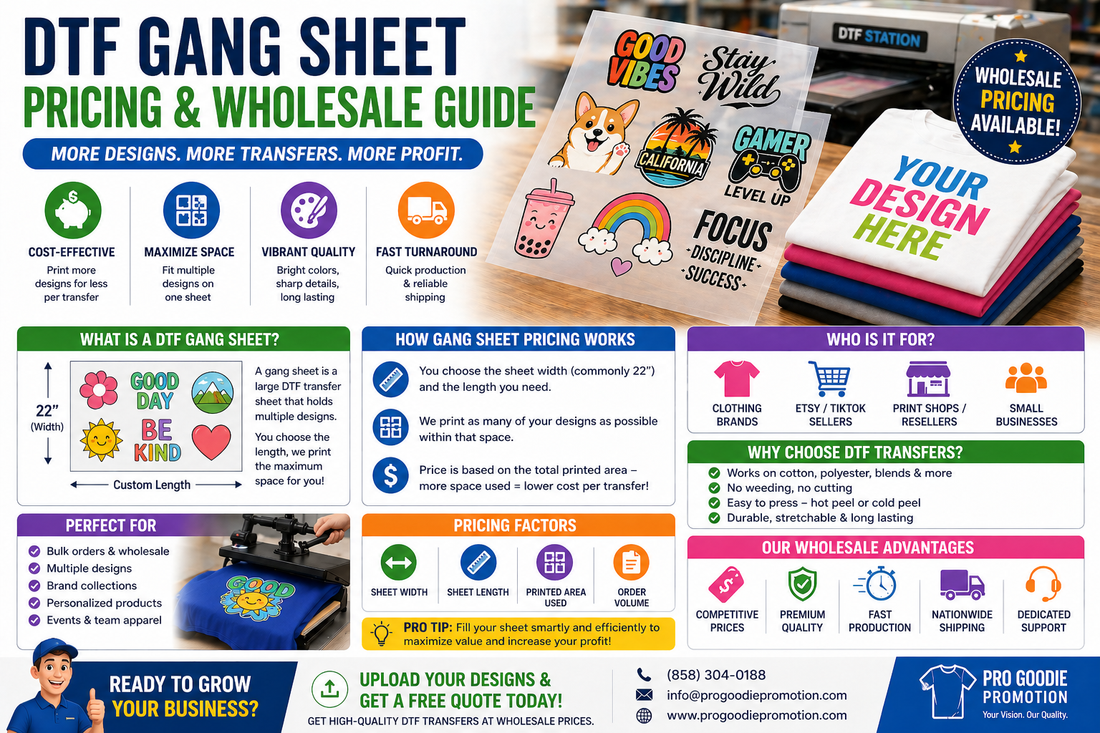 DTF gang sheet printing showing multiple designs on one sheet, wholesale DTF transfers, and bulk custom apparel production