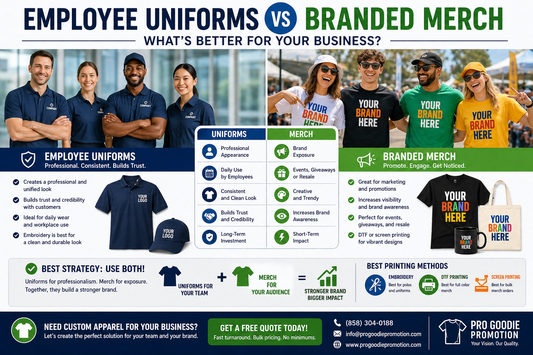 Employee uniforms vs branded merchandise comparison showing professional uniforms, custom logo polos, and promotional t-shirt merch for businesses