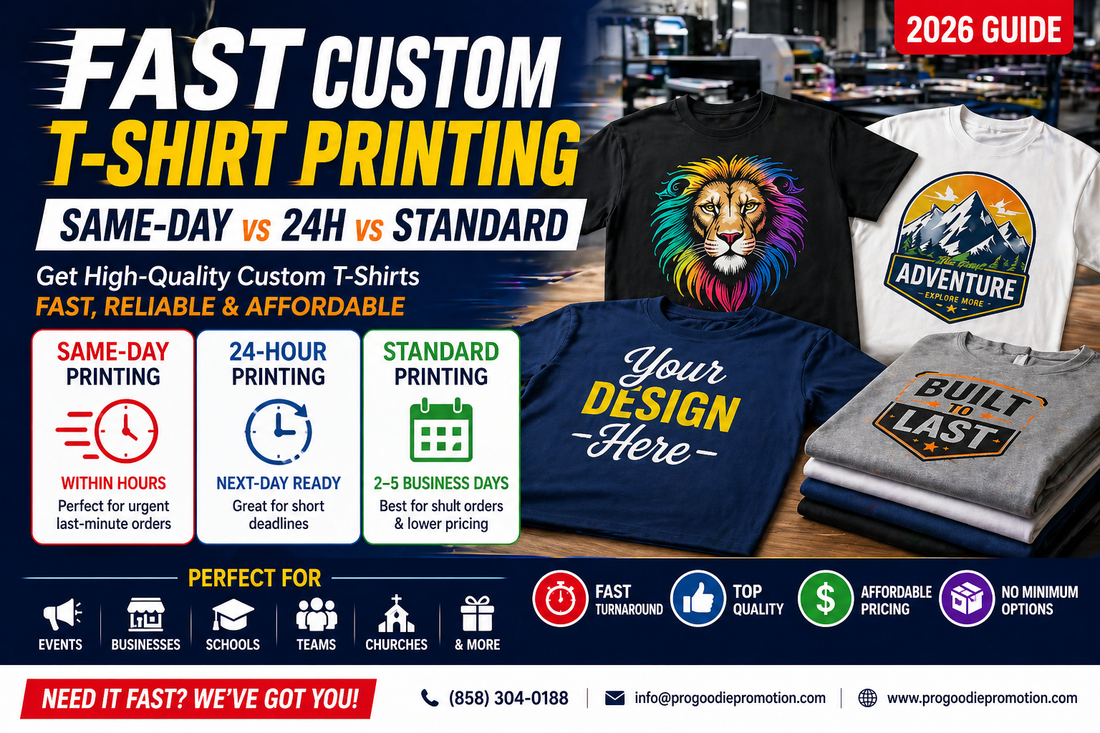 Fast custom t-shirt printing same-day vs 24 hour vs standard comparison showing turnaround time, DTF printing, bulk orders, and rush custom apparel services in 2026