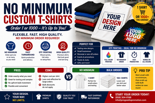 No minimum custom t-shirts showing single shirt orders, small batch printing, and DTF no MOQ custom apparel