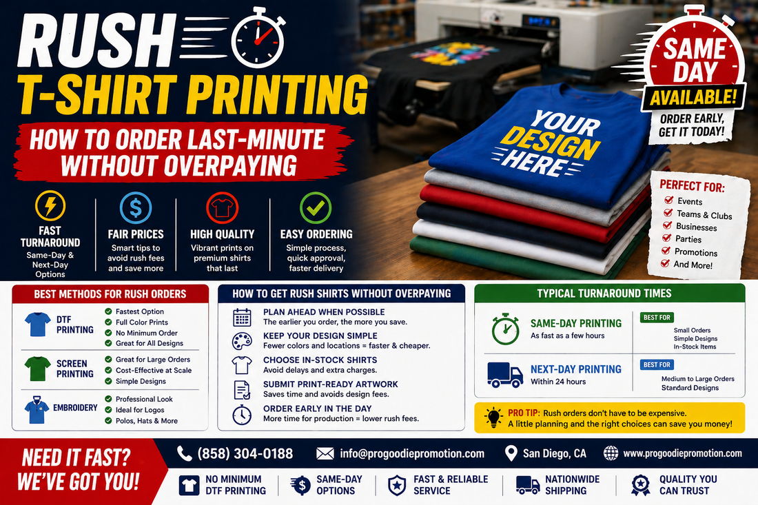 Rush t-shirt printing showing fast custom shirts, same-day production, and last-minute custom apparel orders with quick turnaround