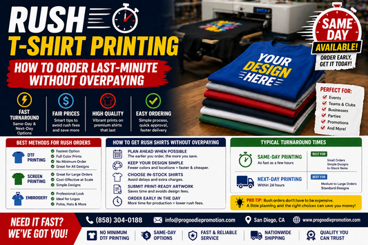 Rush t-shirt printing showing fast custom shirts, same-day production, and last-minute custom apparel orders with quick turnaround