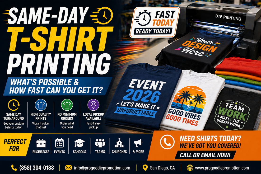 Same day t-shirt printing showing fast custom shirts, DTF printing process, and urgent same-day custom apparel services