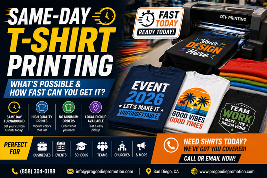 Same day t-shirt printing showing fast custom shirts, DTF printing process, and urgent same-day custom apparel services