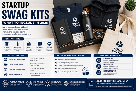 Startup swag kits showing custom branded t-shirts, hoodies, drinkware, tote bags, and corporate merchandise bundles