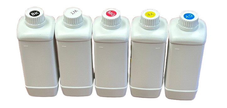 DTF ink bottles for direct-to-film printing – CMYK and white