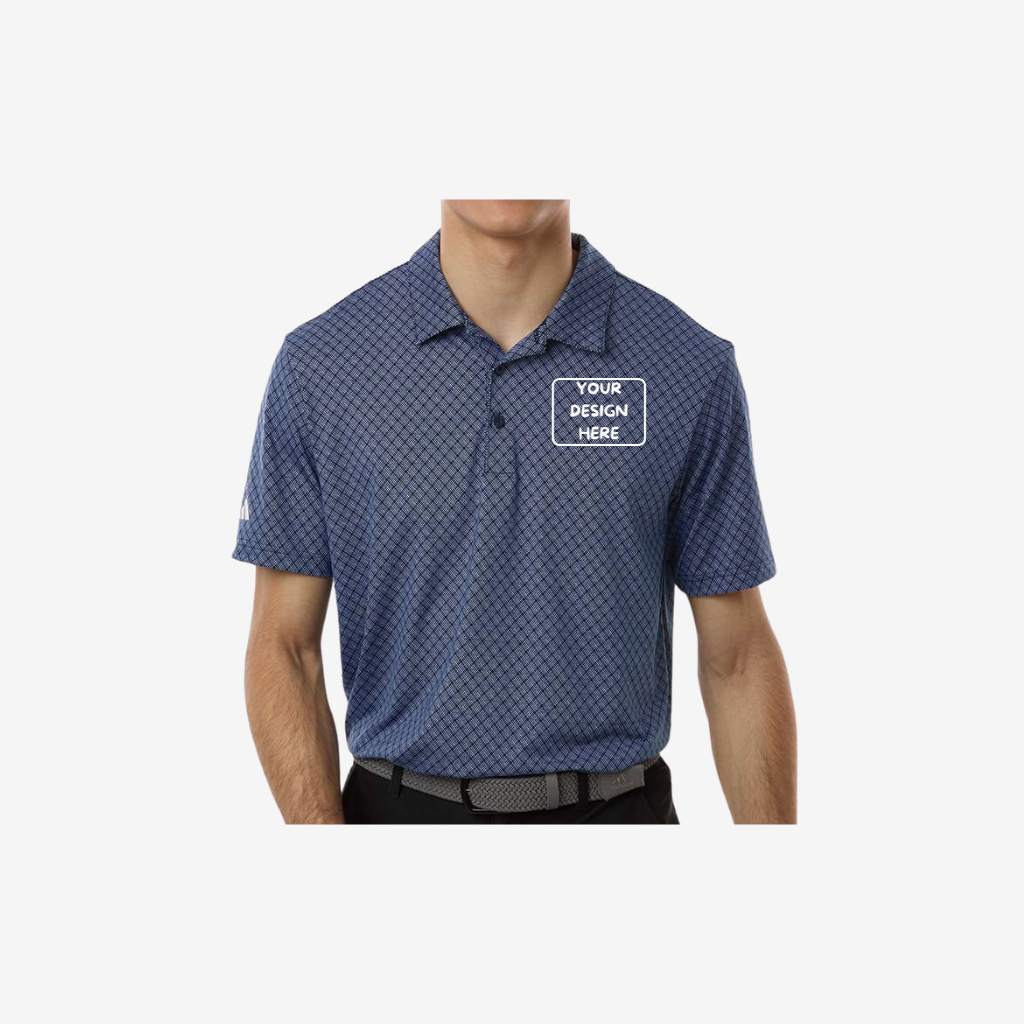 Adidas men’s 4 way stretch printed polo collegiate navy custom embroidered corporate uniform polo