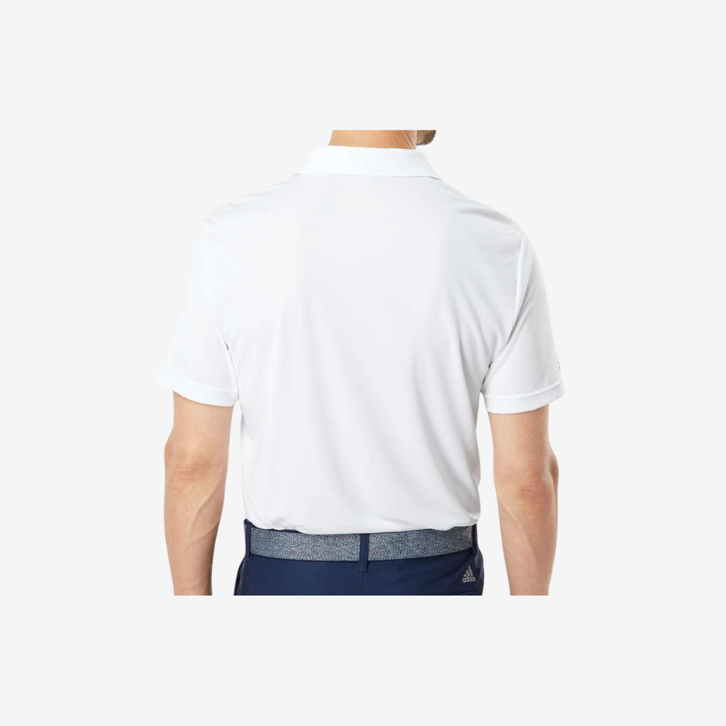 back view of adidas mens performance polo white custom logo embroidered polo shirt