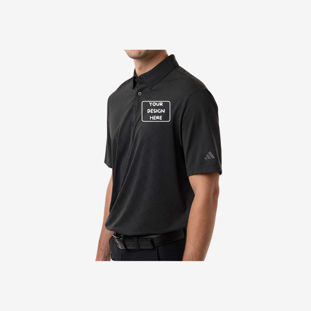 Adidas Ultimate365 jacquard polo carbon black side view premium embroidered corporate golf polo shirt
