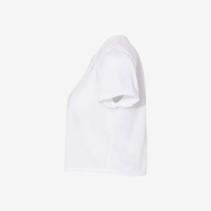 Bella Canvas women's flowy crop tee white side view custom fashion crop top