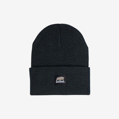 Front view of Black Berne H150 Heritage Knit Cuff Beanie showing the rib-knit fabric and fold-over cuff