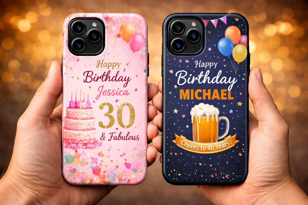 Personalized birthday phone case with custom name age and design for iPhone, creative gift idea for milestone birthdays