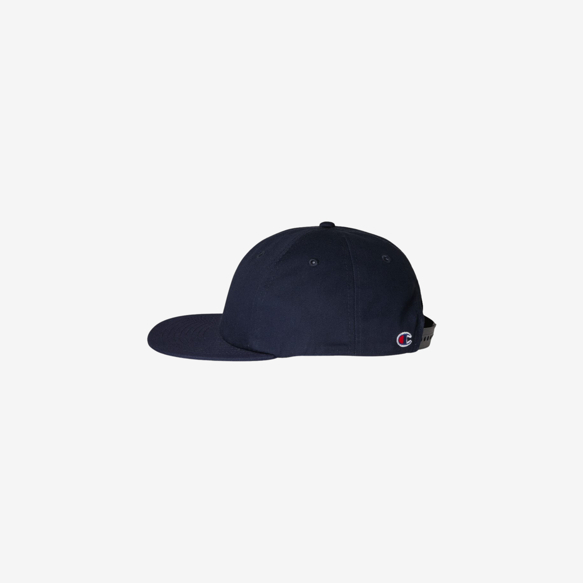 Side view of Navy Champion CHRT0 Game Day five-panel cap showing the curved bill, rope trim and perforated back