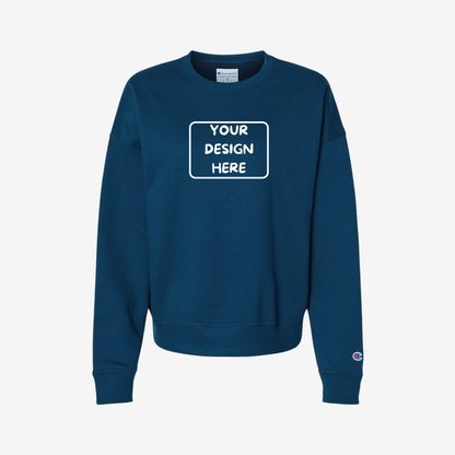Champion Women’s Powerblend Crewneck Sweatshirt in Late Night Blue, soft premium women’s fleece ideal for custom printing and embroidery