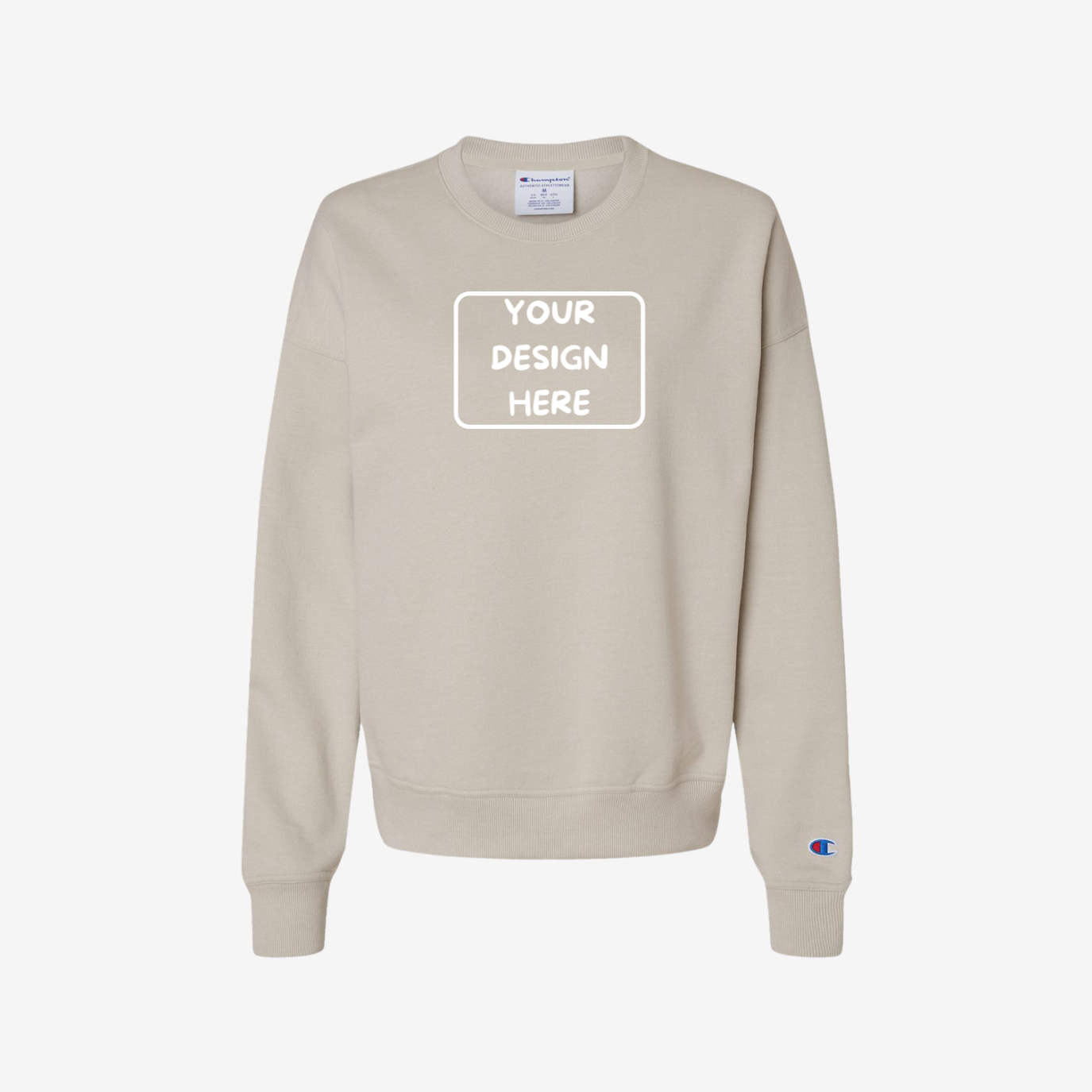 Champion Women’s Powerblend Crewneck Sweatshirt in Sand, soft premium women’s fleece ideal for custom printing and embroidery