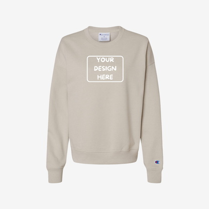 Champion Women’s Powerblend Crewneck Sweatshirt in Sand, soft premium women’s fleece ideal for custom printing and embroidery
