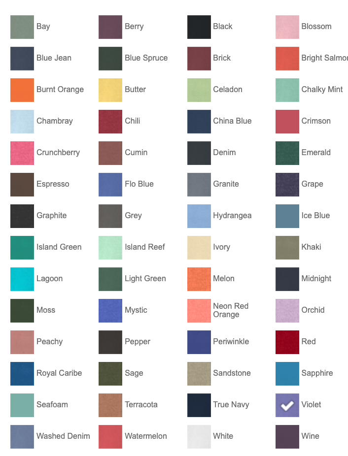 Comfort Colors Heavyweight Ring Spun Pocket Tee Color Chart – Full-color printing options