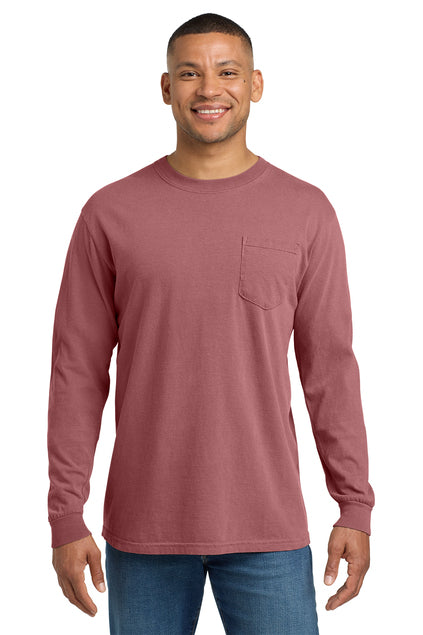 Comfort Colors Heavyweight Ring Spun Long Sleeve Pocket Tee in Brick  – 100 pcs bulk custom printing, Pro Goodie Promotion