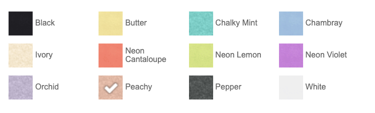 Comfort Colors Women's Heavyweight Boxy Tee Color Chart – All available colors including White, Black, Pepper, Butter, Ivory, and more for 100 pcs full-color custom printing, San Diego