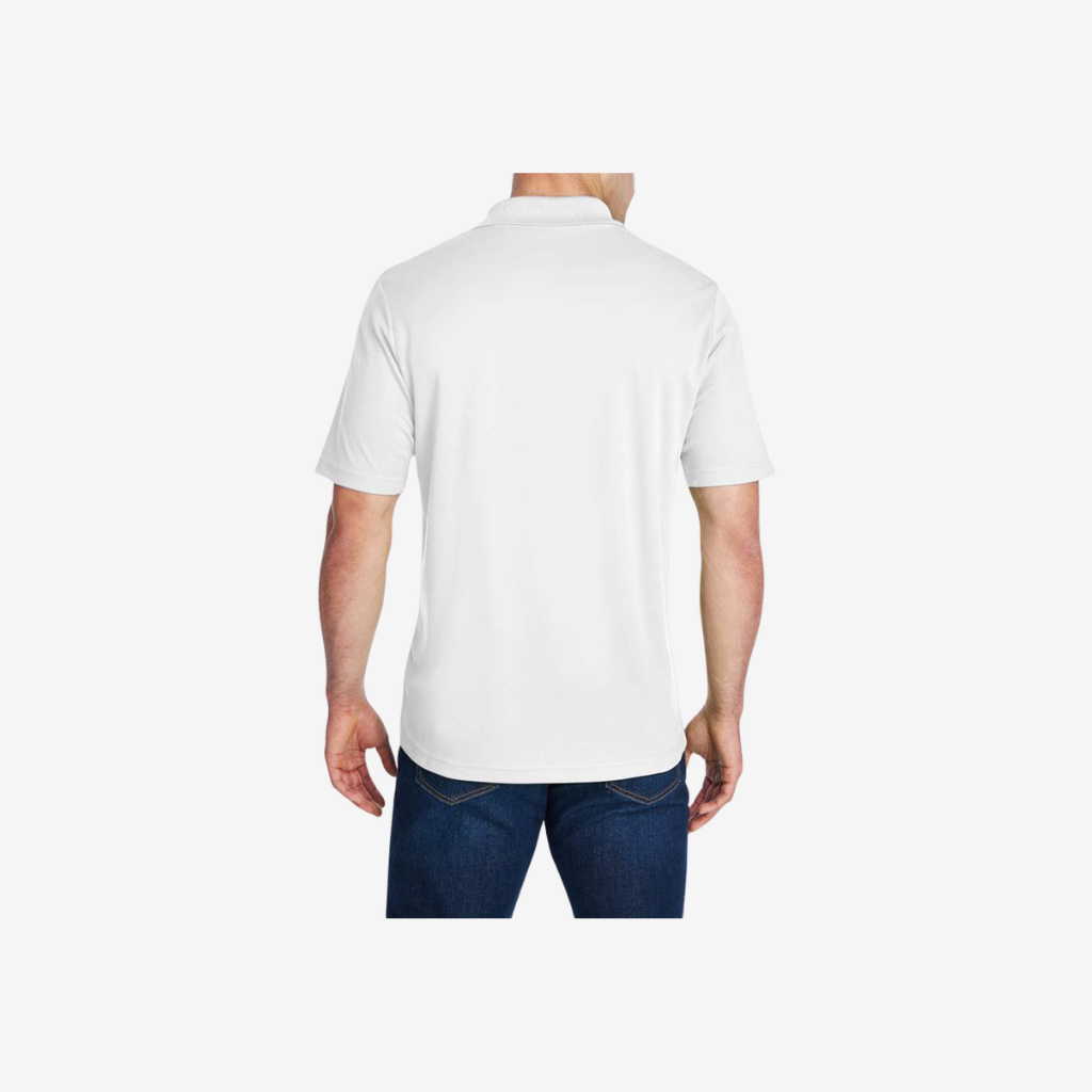 back view of core365 mens origin performance pique polo white custom logo embroidered polo shirt