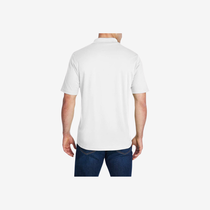 back view of core365 mens origin performance pique polo white custom logo embroidered polo shirt