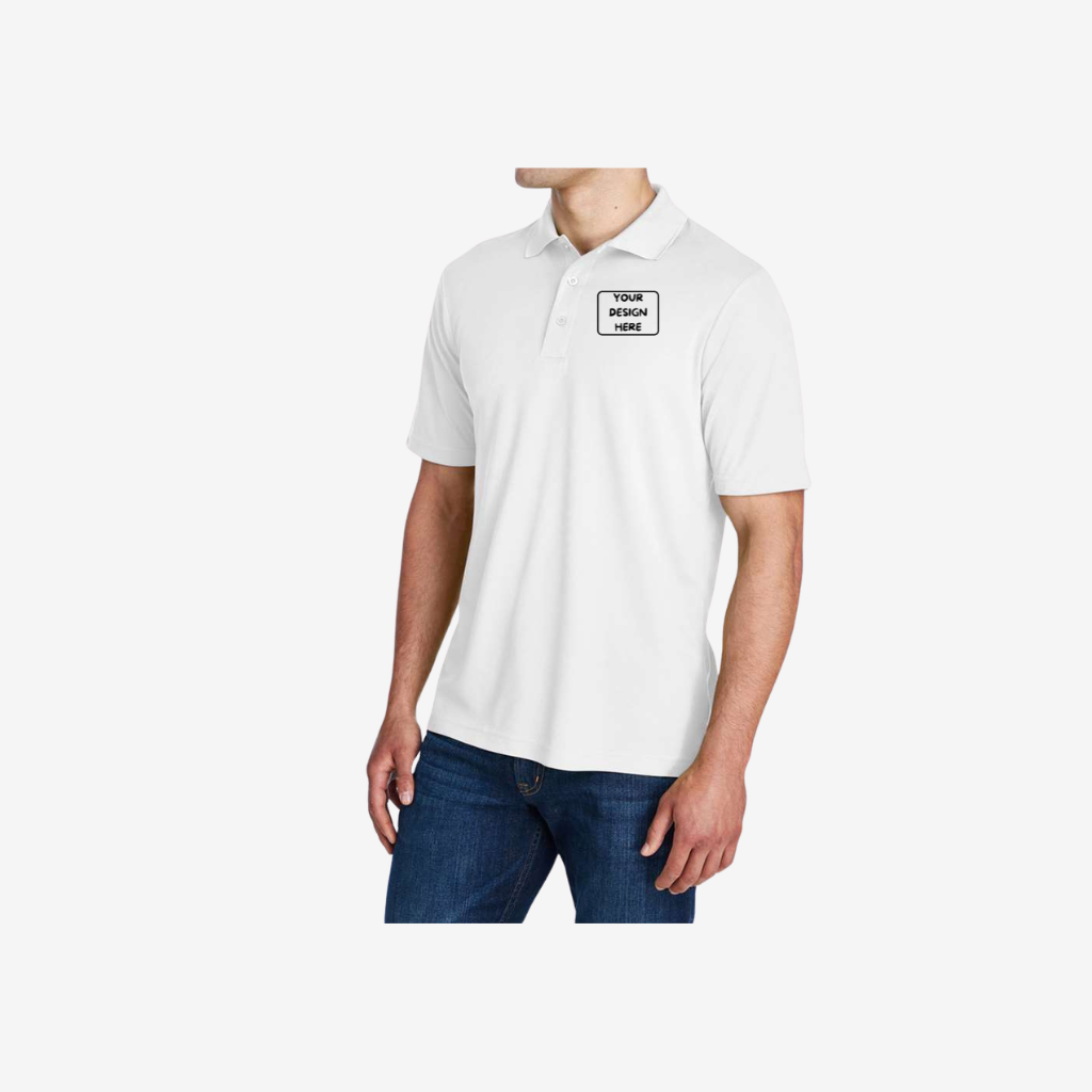 side view of core365 mens origin performance pique polo white corporate apparel polo shirt